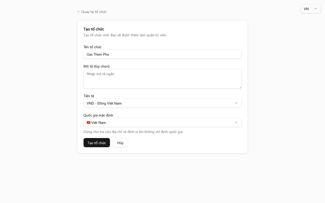 Biểu mẫu tạo tổ chức