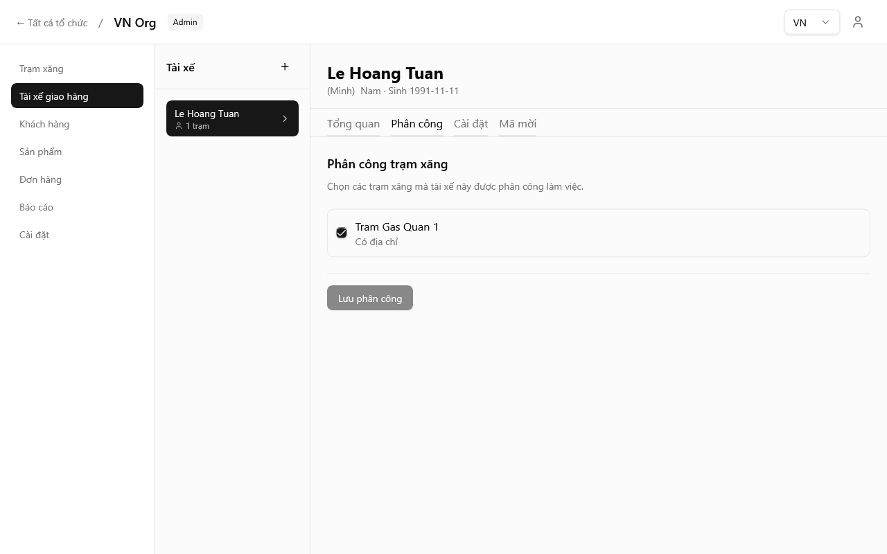 Phân công trạm gas cho tài xế