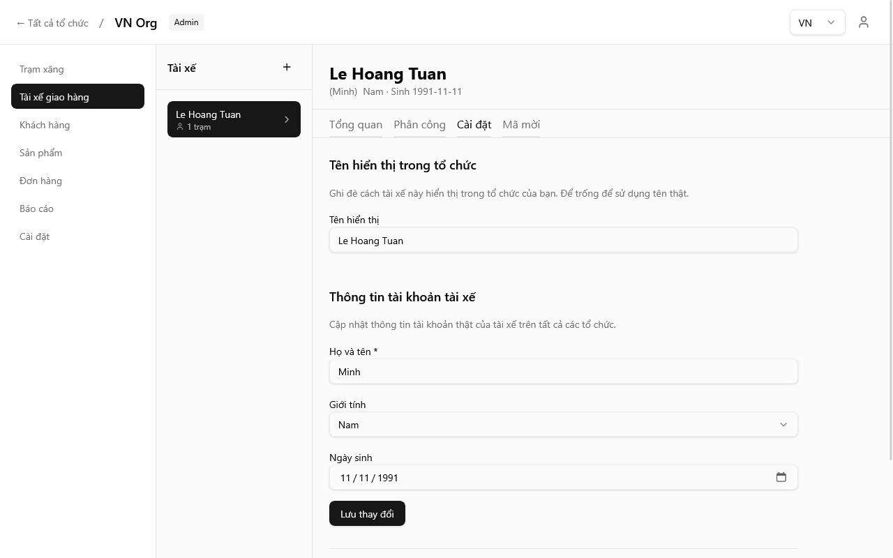 Trang cài đặt tài xế