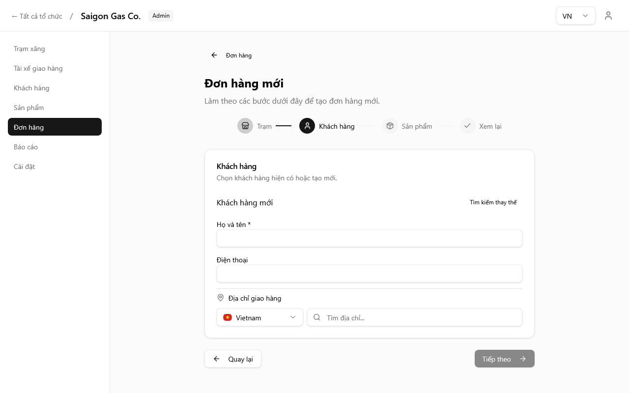 Bước chọn hoặc tạo khách hàng