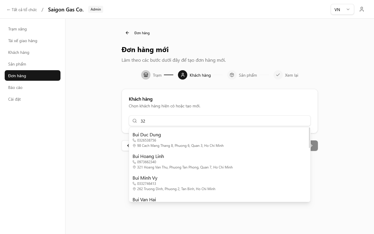 Bước chọn hoặc tạo khách hàng